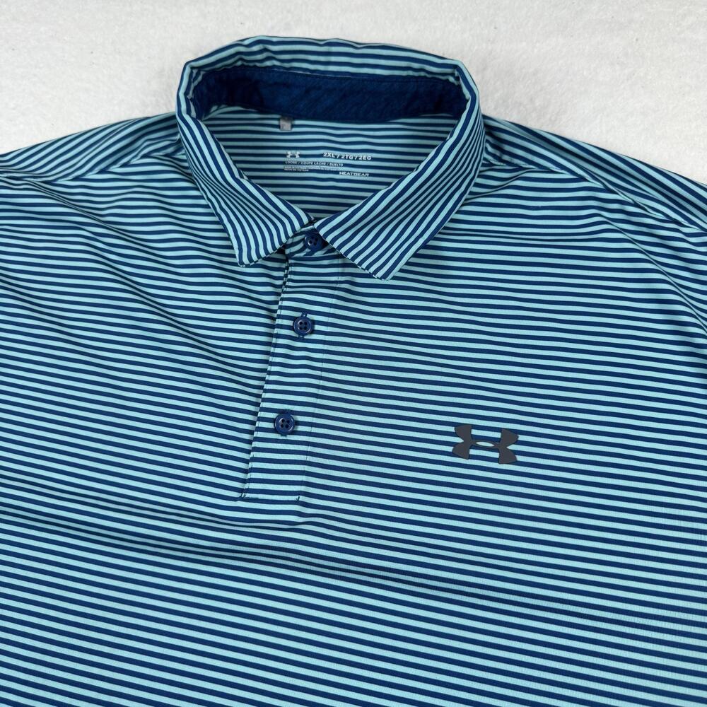 Under Armour Polo Shirt Mens Size 2XL Blue Striped Golf HeatGear Loose Fit